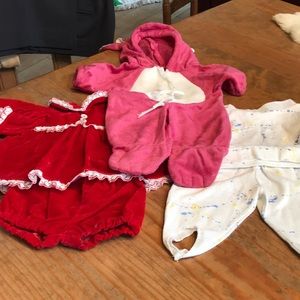 Three outfits for 18” cabbage patch dolls. All hand made.